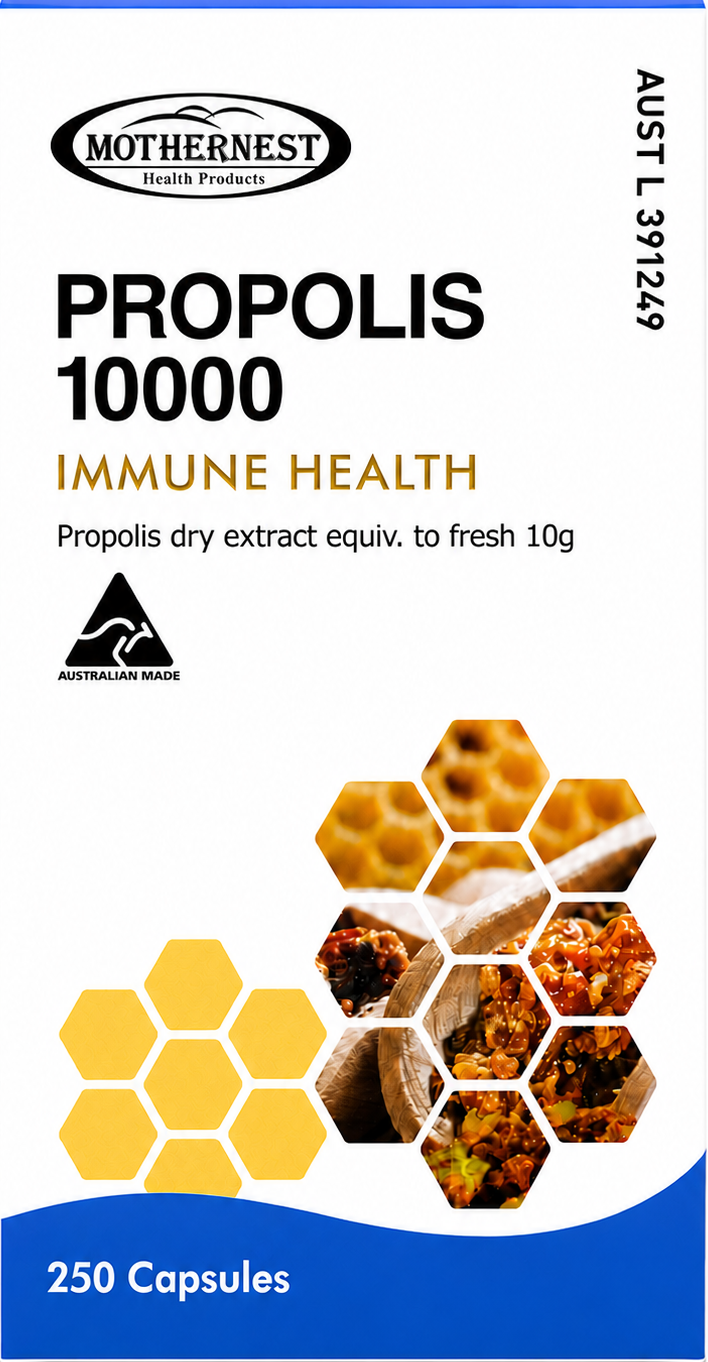 Mothernest Propolis 10000 Immune Health supplement box, 250 capsules, featuring a white box with blue and gold accents, honeycomb graphics, and natural propolis imagery.