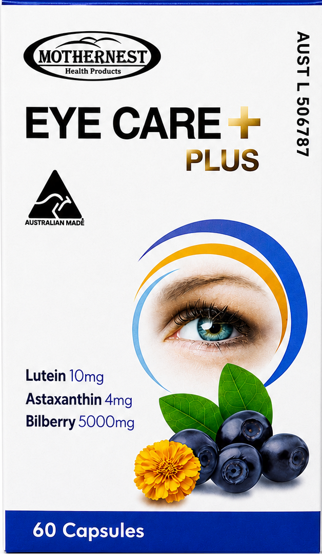 Mothernest Eye Care Plus supplement box containing 60 capsules, featuring a white box with blue and gold accents, an eye illustration, and illustrations of blueberries, bilberry, and a marigold flower.