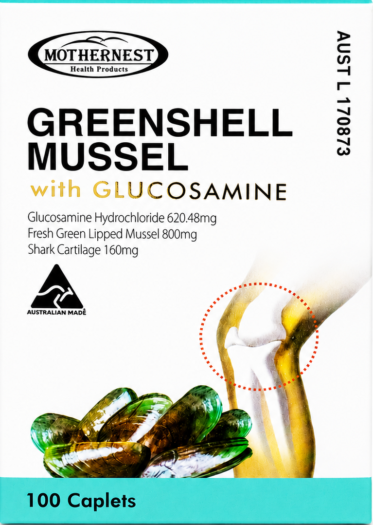 Mother Nest Greenshell Mussel with Glucosamine 100 caplets packaging box, featuring a white background with teal accents, product text, and an illustration of a knee joint with mussels at the bottom.