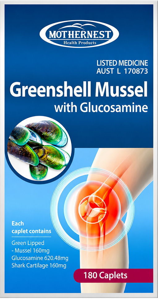 Mother Nest Greenshell Mussel with Glucosamine 180 caplets packaging box, featuring a blue background with product details, a shell graphic, and a knee joint illustration.