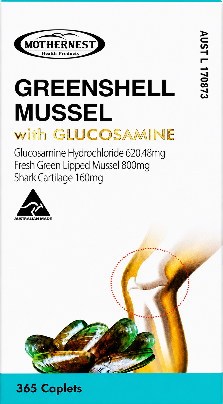 Mothernest Health Products Greenshell Mussel with Glucosamine 1500 365 caplets packaging box, featuring a white background with black and gold text, a knee joint illustration, and green mussels at the bottom.