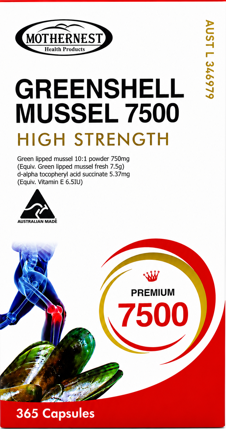 Mothernest Greenshell Mussel 7500 High Strength supplement box, 365 capsules, featuring a white and red design with product details and a shell illustration.