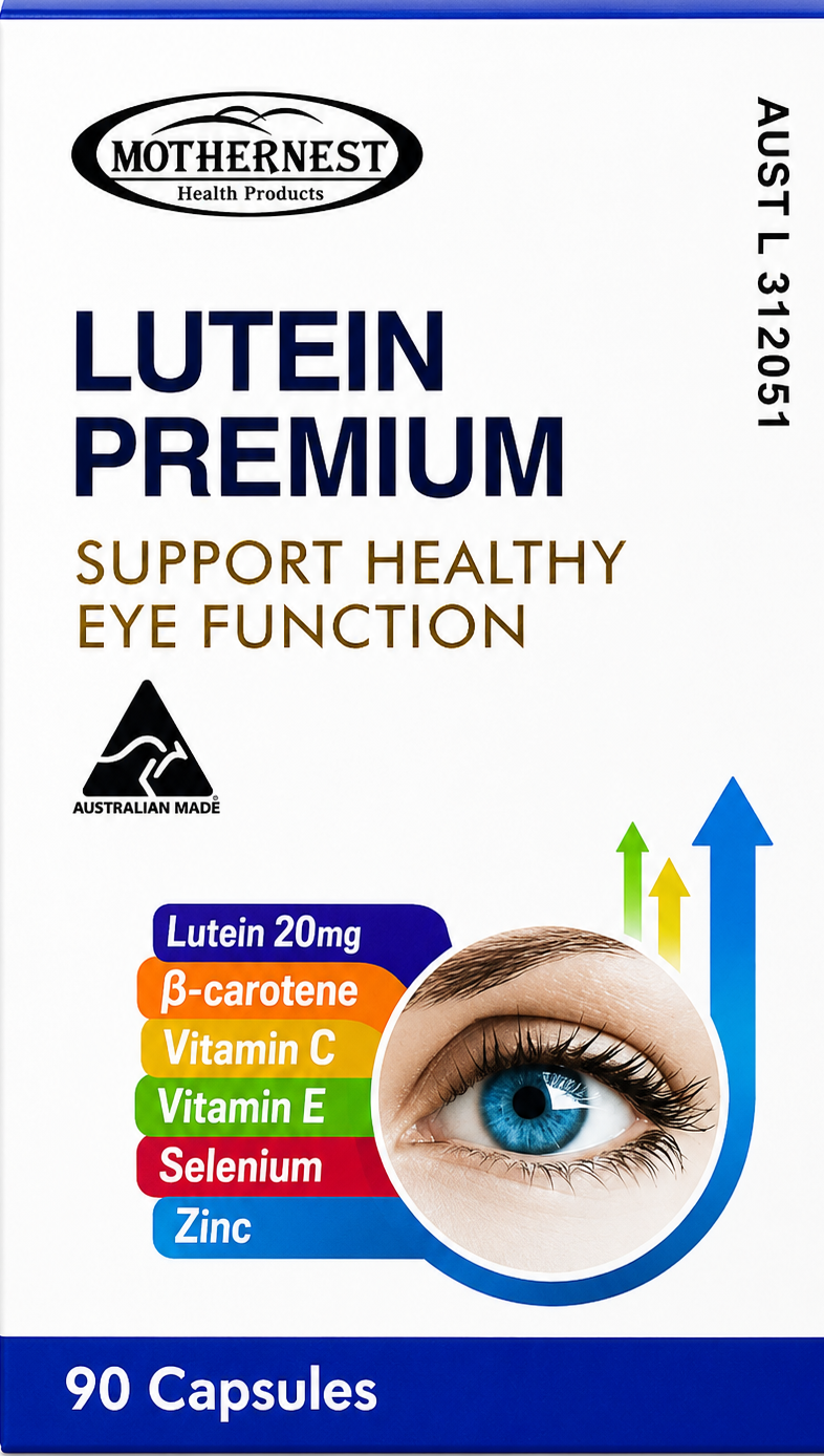 Mothernest Lutein Premium supplement box, 90 capsules, featuring a white box with blue and gold text, an Australian Made logo, and a graphic of a human eye.