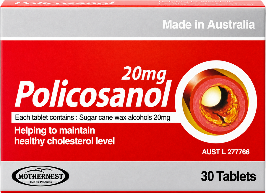 A box of Mothernest Policosanol 20mg tablets, 30 count, made in Australia. The packaging features a bold red and silver design with white text and a circular diagram of a cholesterol plaque.