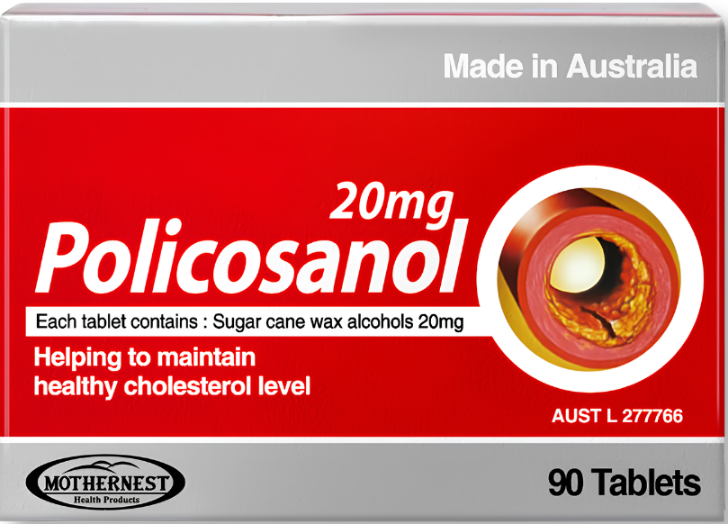 A box of Mothernest Policosanol 20mg tablets, 90 count, made in Australia. The packaging features a bold red and silver design with white text and a graphic of atherosclerotic plaque.
