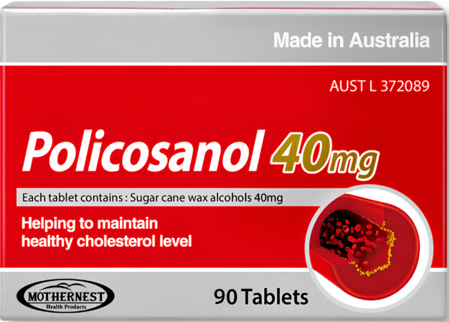 A box of Policosanol 40mg tablets, manufactured by Mothernest, shown on a clean white background. The packaging is primarily red and gray with white text and a small graphic of a red heart.