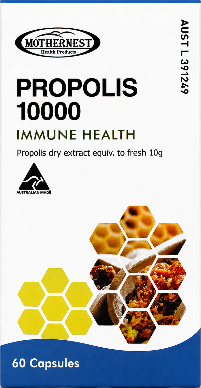 Mothernest Propolis 10000 Immune Health supplement box, 60 capsules, featuring a white and blue design with yellow honeycomb graphics and propolis ingredient photos.