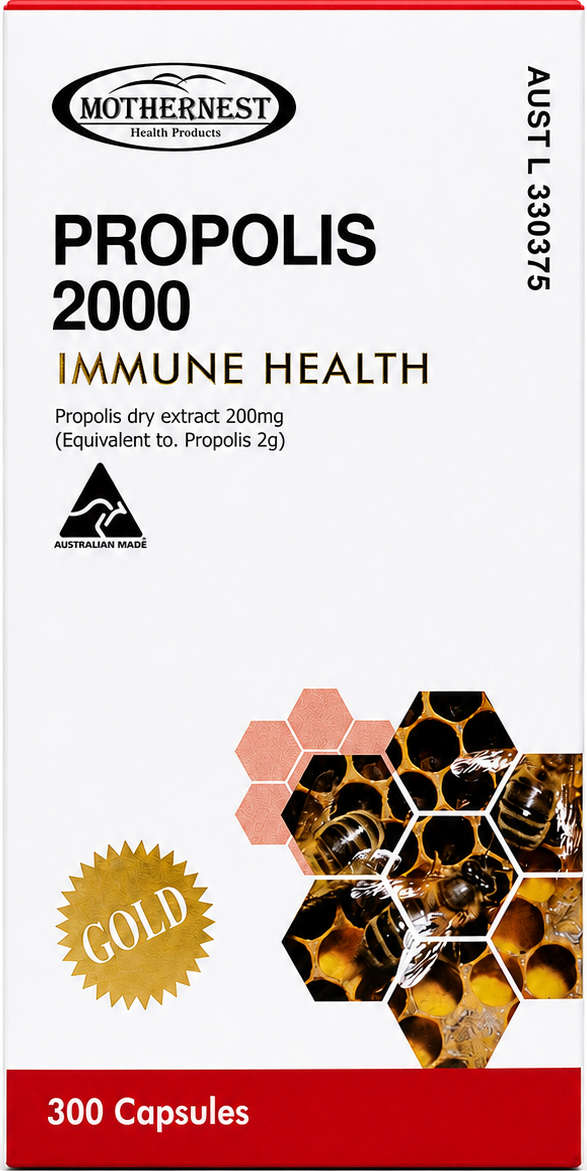 Mothernest Propolis 2000 Immune Health supplement box, 300 capsules, featuring a white background with red and gold accents, and a honeycomb graphic with bees.