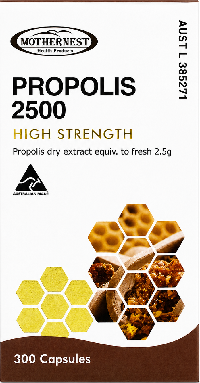 Mothernest Propolis 2500 High Strength capsules packaging box, 300 capsules, featuring a white background with brown and yellow accents, honeycomb graphics, and a Mothernest logo.
