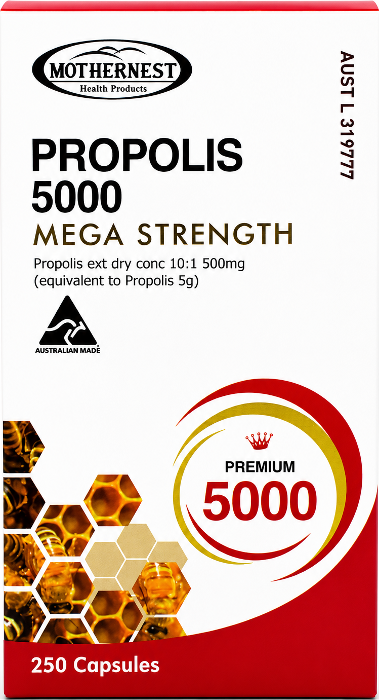 A box of Mothernest Propolis 5000 Mega Strength capsules, featuring a white background with red and gold accents, honeycomb graphics, and a circular 'Premium 5000' badge.