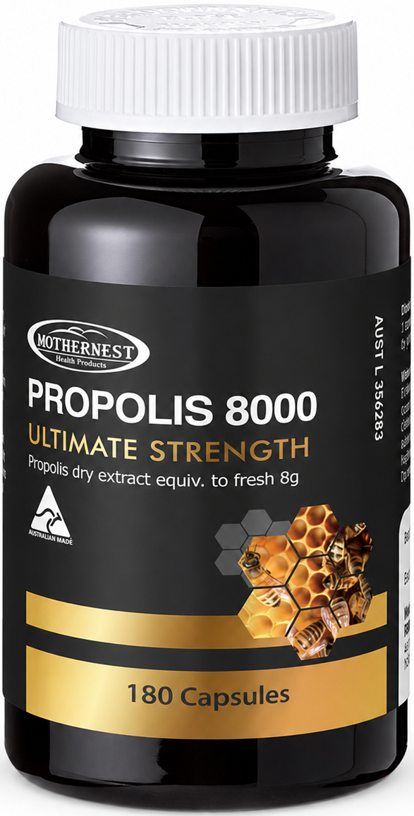 A black plastic bottle of Mothernest Propolis 8000 Ultimate Strength 180 capsules with a white ribbed cap, shown on a clean white background.