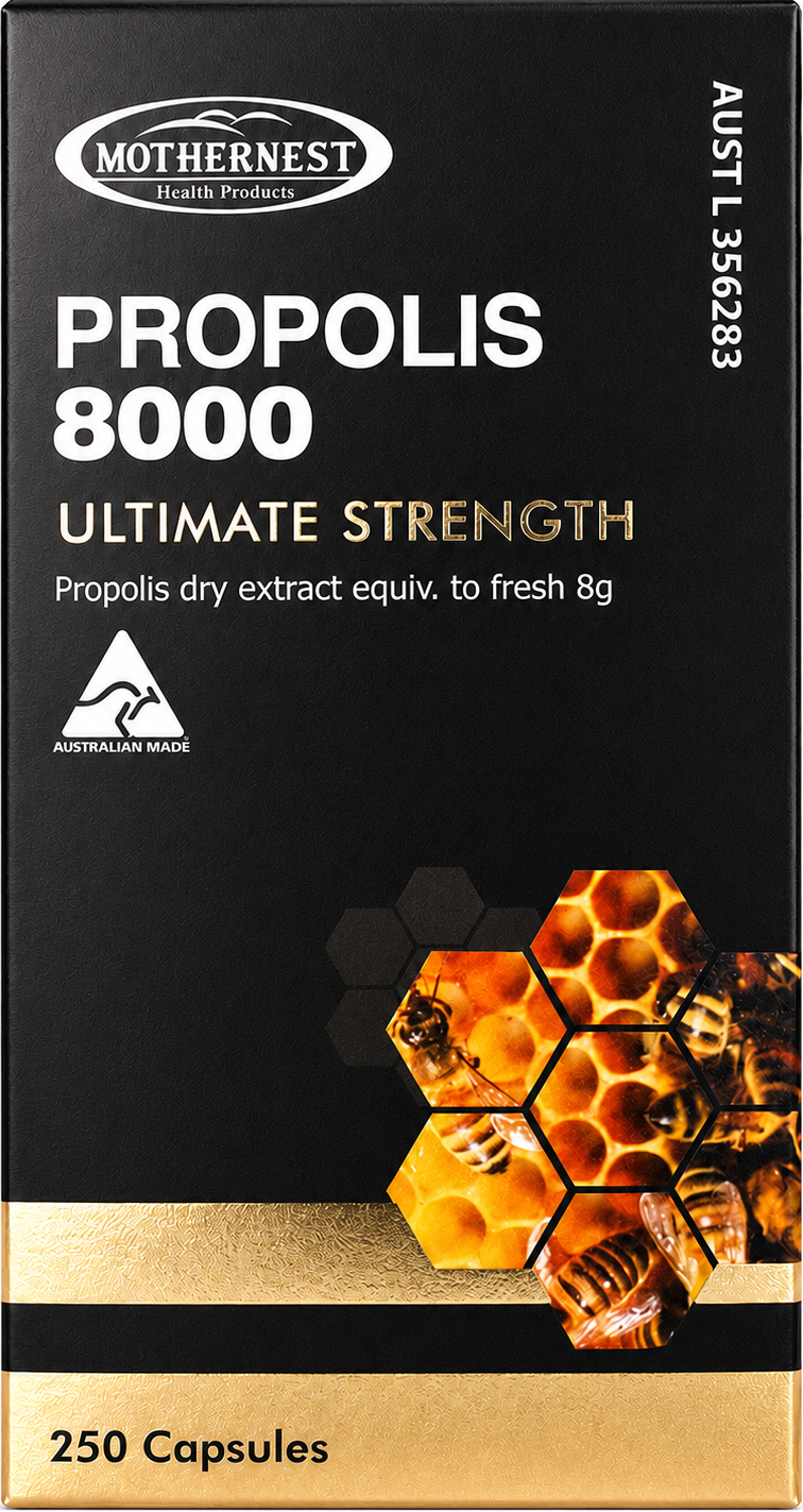 Mothernest Propolis 8000 Ultimate Strength capsules packaging box, 250 capsules, featuring a black and gold design with a honeycomb and bee graphic.