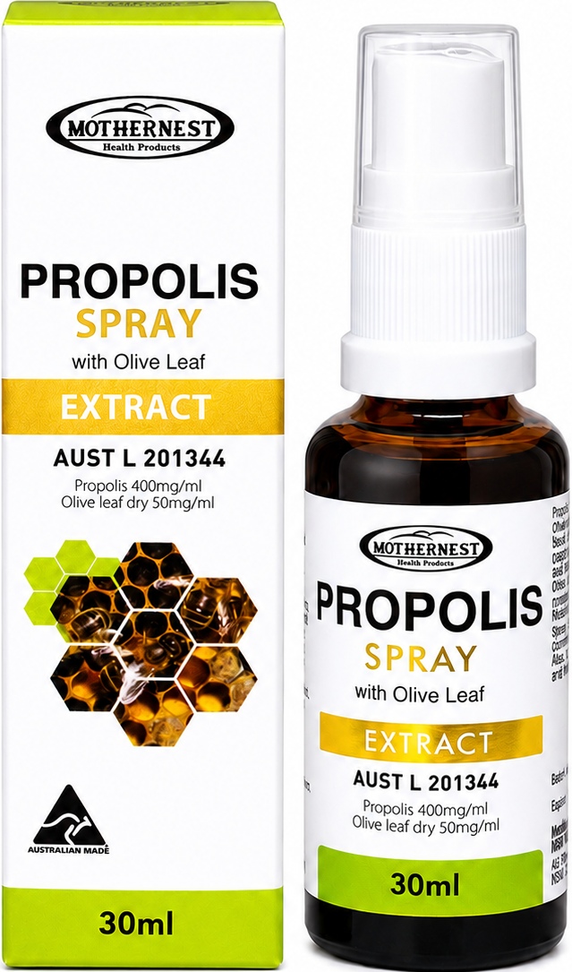 Mothernest Propolis Spray with Olive Leaf Extract next to its retail box, featuring an amber glass bottle with a white spray cap and a white box with green and yellow accents.