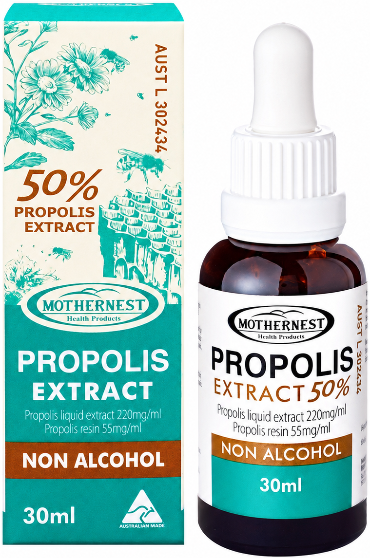 Mothernest Propolis Extract 50% non-alcoholic liquid supplement, shown with its teal and cream packaging box next to a dark amber glass dropper bottle with a white cap.