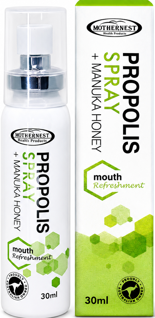 A 30ml bottle of Mothernest's Propolis + Manuka Honey Mouth Refreshment Spray next to its green and white retail box, shown on a plain white background.