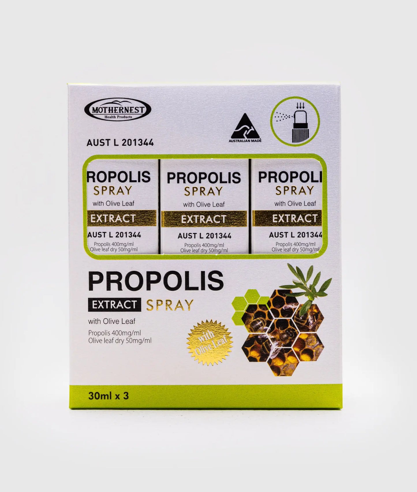 Mothernest Propolis Ext 40% Spray + Olive Leaf (30ml x 3 Pack)