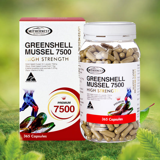Packaging and bottle of Mothernest Greenshell Mussel 7500 supplements with green and red color theme, displaying product information and branding.