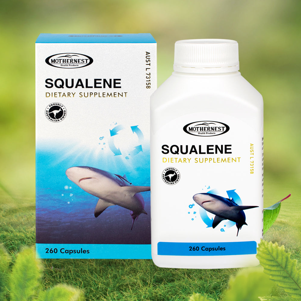 Packaging for Mothernest Squalene dietary supplement, featuring a bottle and box with images of a shark and algae, set against a green, aquatic background.