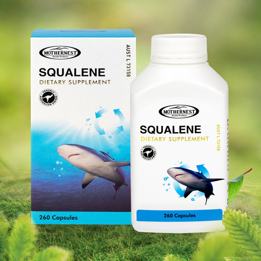 Packaging for Mothernest Squalene dietary supplement, featuring a bottle and box with images of a shark and algae, set against a green, aquatic background.